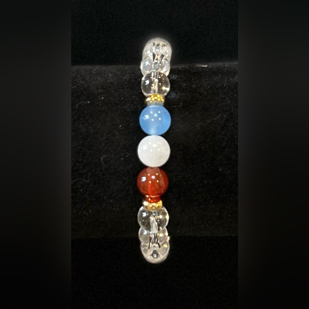 handmade beaded bracelet blue & white jade, red carnelian, rock crystal